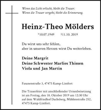 Traueranzeige von Heinz-Theo Mölders von trauer.stadt-panorame.de