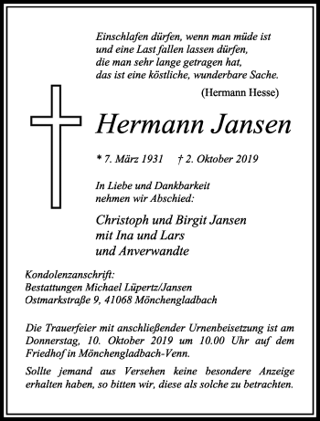 Traueranzeige von Hermann Jansen von trauer.extra-tipp-moenchengladbach.de