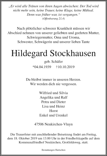 Traueranzeige von Hildegard Stockhausen von trauer.stadt-panorame.de