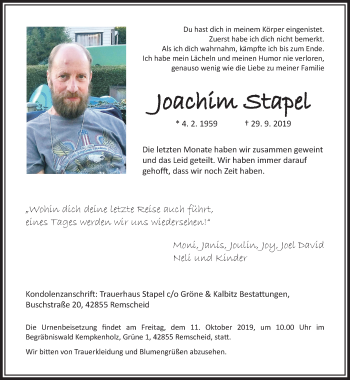 Traueranzeige von Joachim Stapel von trauer.wuppertaler-rundschau.de