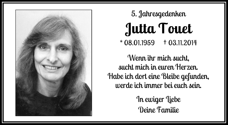  Traueranzeige für Jutta Touet vom 06.11.2019 aus trauer.wuppertaler-rundschau.de