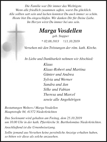 Traueranzeige von Marga Vosdellen von trauer.extra-tipp-moenchengladbach.de