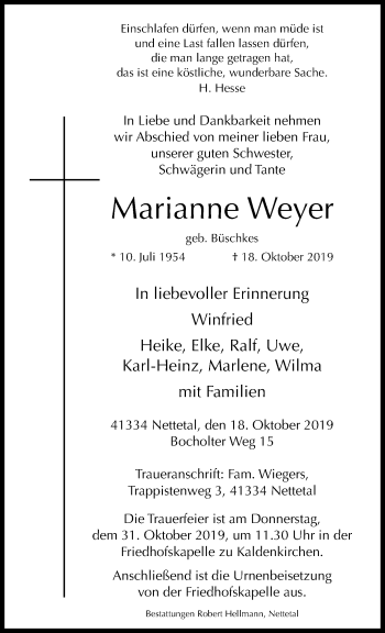 Traueranzeige von Marianne Weyer von trauer.extra-tipp-moenchengladbach.de