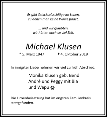 Traueranzeige von Michael Klusen von trauer.extra-tipp-moenchengladbach.de