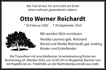 Traueranzeige von Otto Werner Reichardt von trauer.wuppertaler-rundschau.de