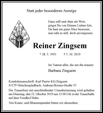 Traueranzeige von Reiner Zingsem von trauer.extra-tipp-moenchengladbach.de