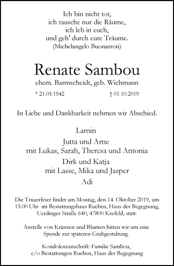 Traueranzeige von Renate Sambou von trauer.mein.krefeld.de