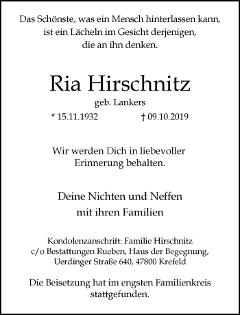 Traueranzeige von Ria Hirschnitz von trauer.mein.krefeld.de