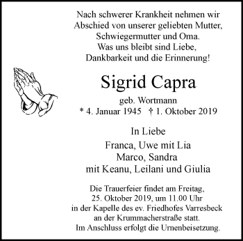 Traueranzeige von Sigrid Capra von trauer.wuppertaler-rundschau.de