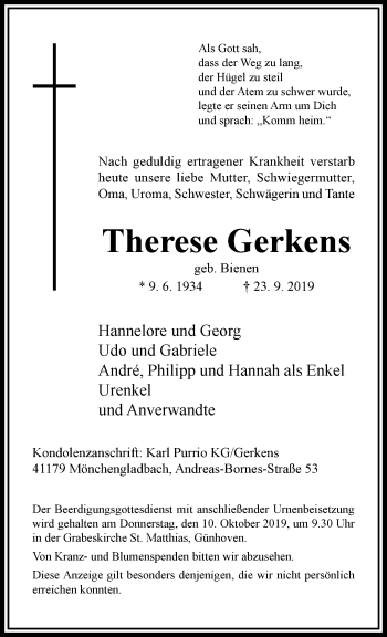 Traueranzeige von Therese Gerkens von trauer.extra-tipp-moenchengladbach.de