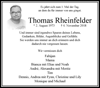 Traueranzeige von Thomas Rheinfelder von trauer.extra-tipp-moenchengladbach.de