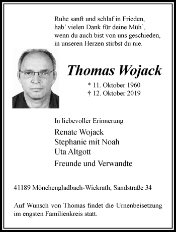 Traueranzeige von Thomas Wojack von trauer.extra-tipp-moenchengladbach.de