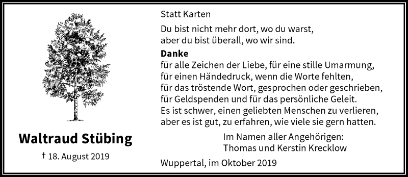 Traueranzeige für Waltraud Stübing vom 12.10.2019 aus trauer.wuppertaler-rundschau.de