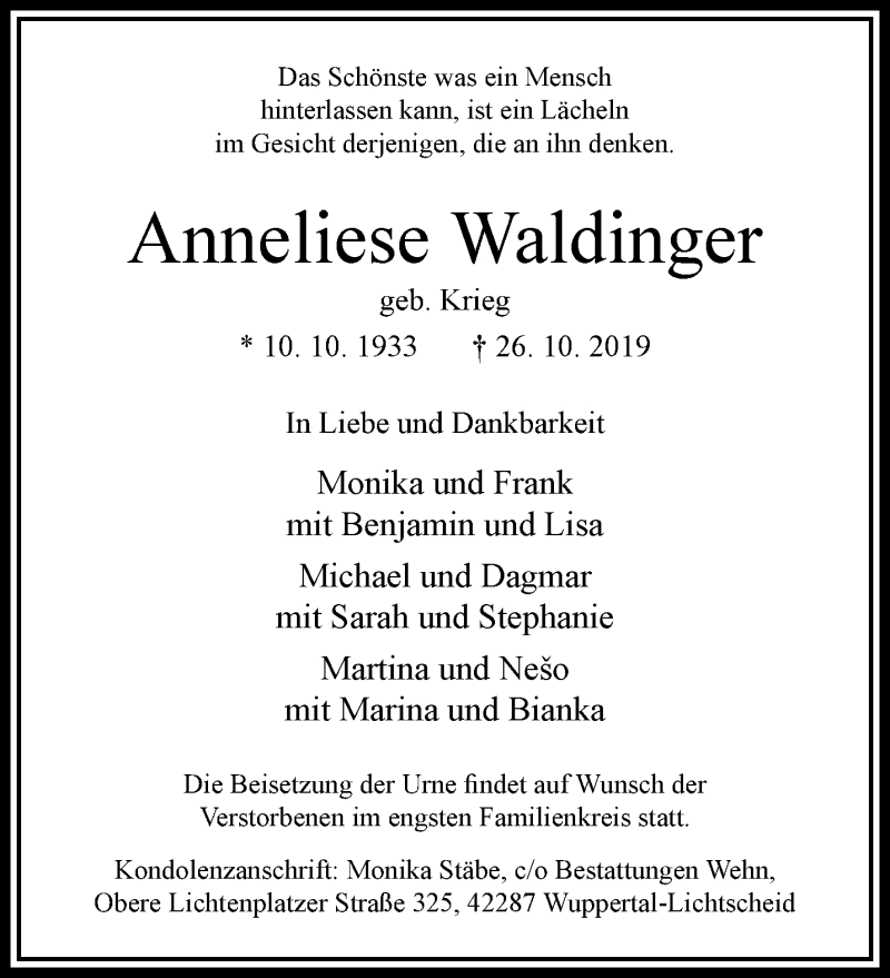  Traueranzeige für Anneliese Waldinger vom 02.11.2019 aus trauer.wuppertaler-rundschau.de
