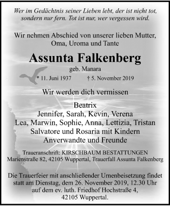 Traueranzeige von Assunta Falkenberg von trauer.wuppertaler-rundschau.de
