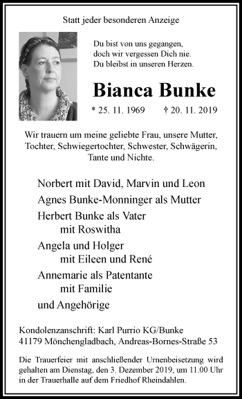 Traueranzeige von Bianca Bunke von trauer.extra-tipp-moenchengladbach.de