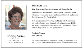 Traueranzeige von Brigitte Narres von trauer.extra-tipp-moenchengladbach.de