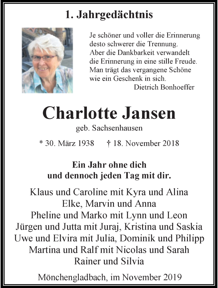  Traueranzeige für Charlotte Jansen vom 17.11.2019 aus trauer.extra-tipp-moenchengladbach.de