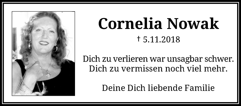  Traueranzeige für Cornelia Nowak vom 06.11.2019 aus trauer.wuppertaler-rundschau.de