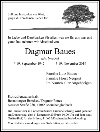 Traueranzeige von Dagmar Baues von trauer.extra-tipp-moenchengladbach.de