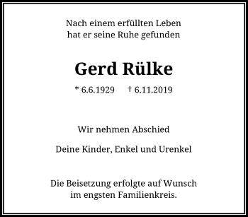 Traueranzeige von Gerd Rülke von trauer.wuppertaler-rundschau.de