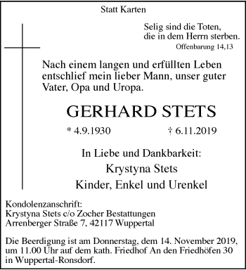 Traueranzeige von Gerhard Stets von trauer.wuppertaler-rundschau.de