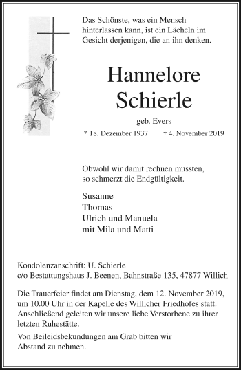 Traueranzeige von Hannelore Schierle von trauer.extra-tipp-moenchengladbach.de