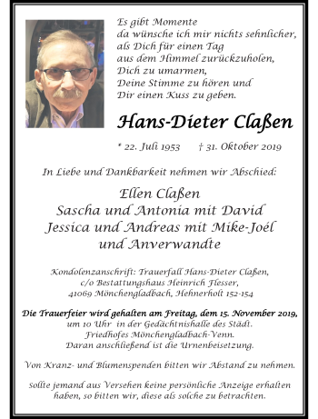 Traueranzeige von Hans-Dieter Claßen von trauer.extra-tipp-moenchengladbach.de