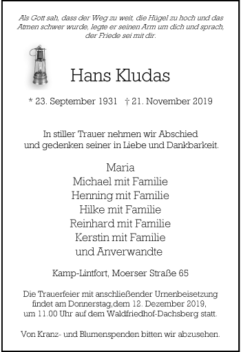 Traueranzeige von Hans Kludas von trauer.stadt-panorame.de