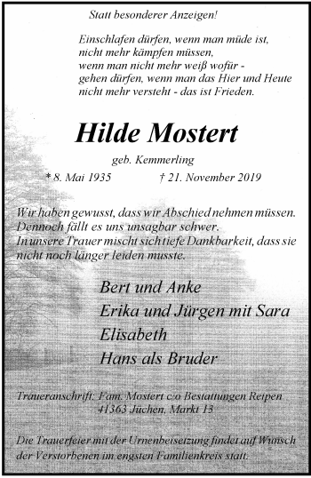 Traueranzeige von Hilde Mostert von trauer.stadt-kurier.de