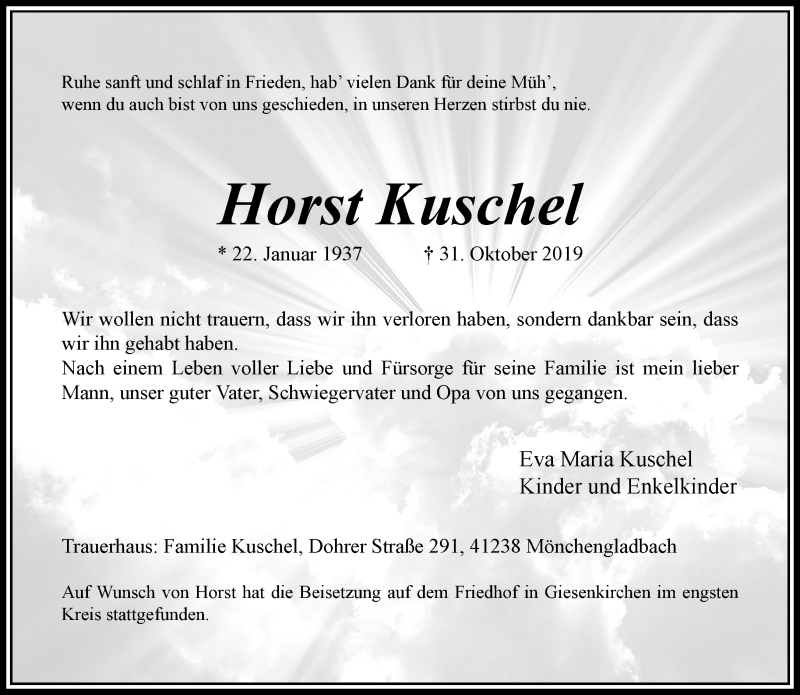  Traueranzeige für Horst Kuschel vom 10.11.2019 aus trauer.extra-tipp-moenchengladbach.de
