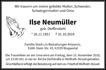 Traueranzeige von Ilse Neumüller von trauer.wuppertaler-rundschau.de