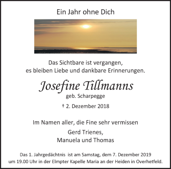 Traueranzeige von Josefine Tillmanns von trauer.extra-tipp-moenchengladbach.de