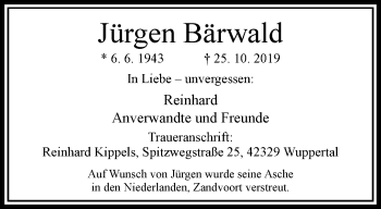 Traueranzeige von Jürgen Bärwald von trauer.wuppertaler-rundschau.de
