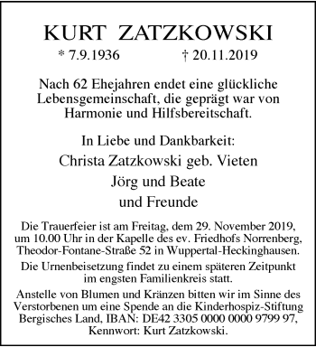 Traueranzeige von Kurt Zatzkowski von trauer.wuppertaler-rundschau.de