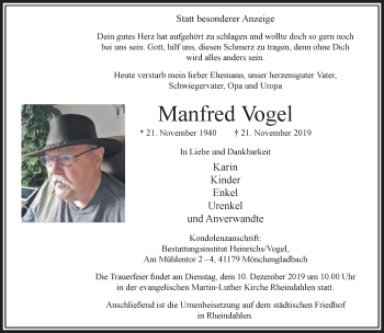 Traueranzeige von Manfred Vogel von trauer.extra-tipp-moenchengladbach.de