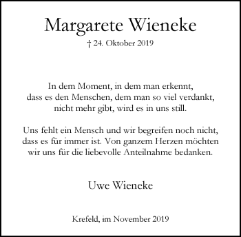 Traueranzeige von Margarete Wieneke von trauer.mein.krefeld.de