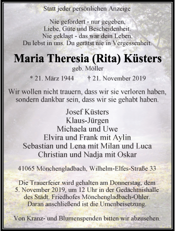 Traueranzeige von Maria Theresia Küsters von trauer.extra-tipp-moenchengladbach.de