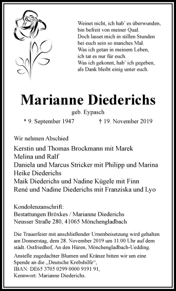 Traueranzeige von Marianne Diederichs von trauer.extra-tipp-moenchengladbach.de