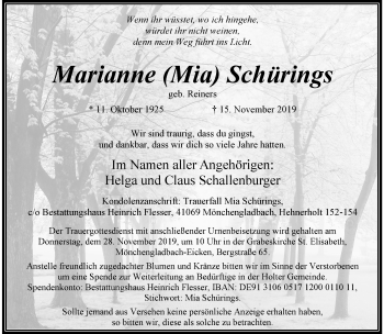 Traueranzeige von Marianne Schürings von trauer.extra-tipp-moenchengladbach.de