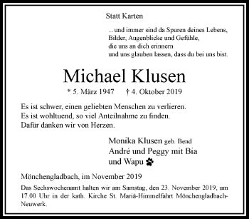 Traueranzeige von Michael Klusen von trauer.extra-tipp-moenchengladbach.de