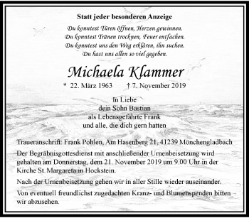 Traueranzeige von Michaela Klammer von trauer.extra-tipp-moenchengladbach.de