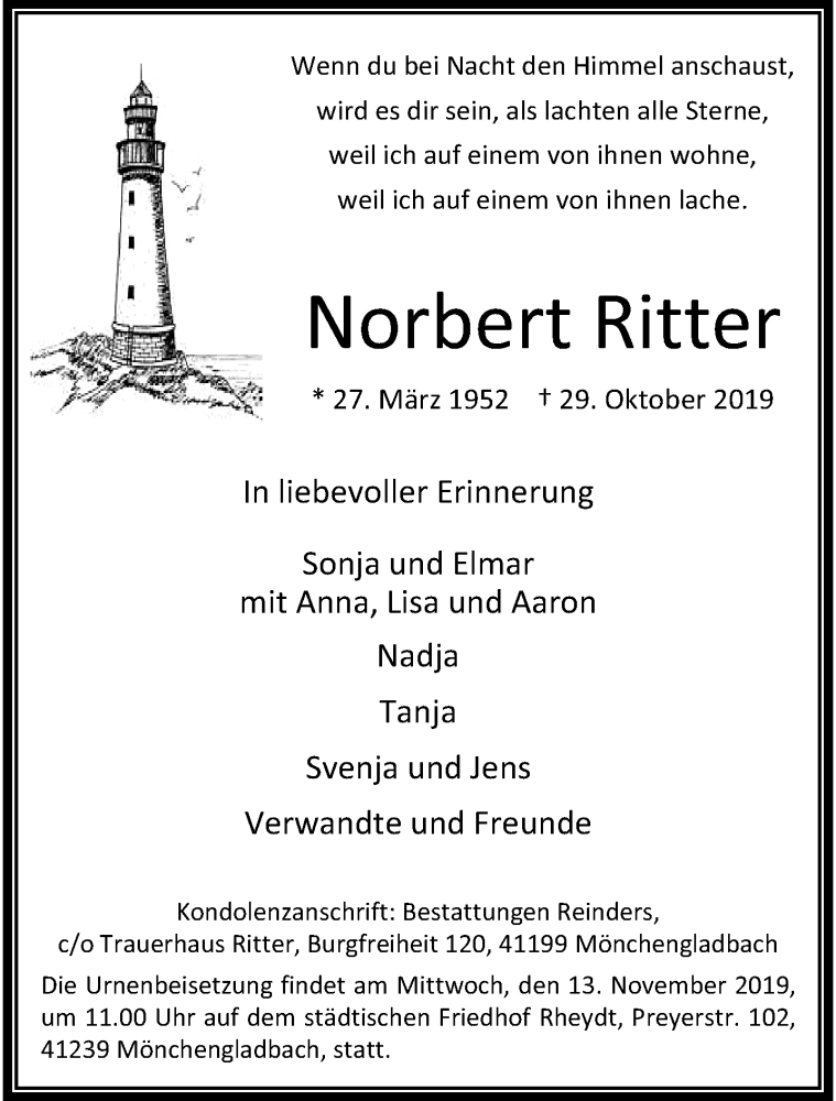  Traueranzeige für Norbert Ritter vom 03.11.2019 aus trauer.extra-tipp-moenchengladbach.de