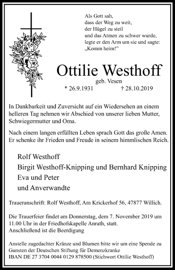 Traueranzeige von Ottilie Westhoff von trauer.extra-tipp-moenchengladbach.de