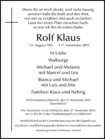 Traueranzeige von Rolf Klaus von trauer.extra-tipp-moenchengladbach.de