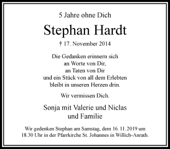 Traueranzeige von Stephan Hardt von trauer.extra-tipp-moenchengladbach.de