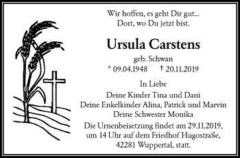 Traueranzeige von Ursula Carstens von trauer.wuppertaler-rundschau.de