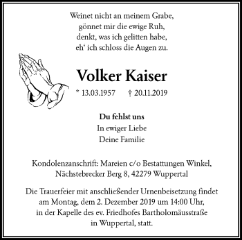 Traueranzeige von Volker Kaiser von trauer.wuppertaler-rundschau.de