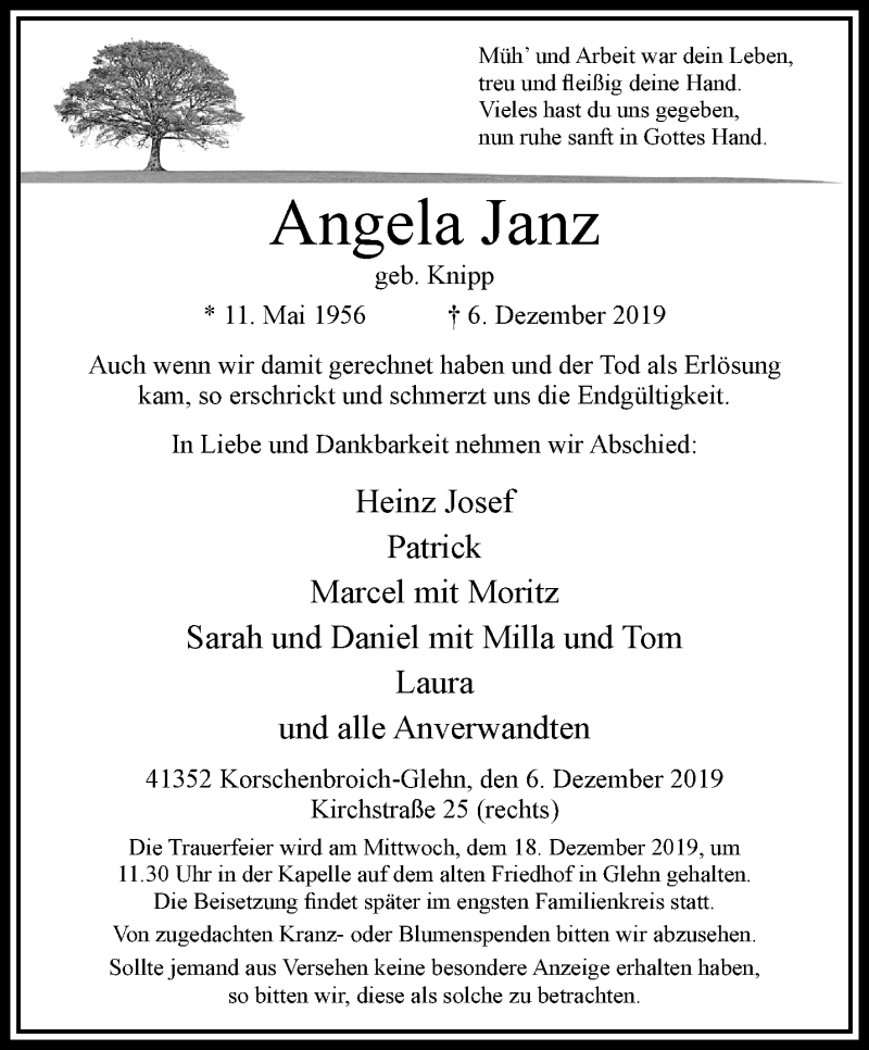  Traueranzeige für Angela Janz vom 15.12.2019 aus trauer.extra-tipp-moenchengladbach.de