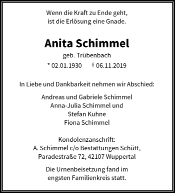 Traueranzeige von Anita Schimmel von trauer.wuppertaler-rundschau.de